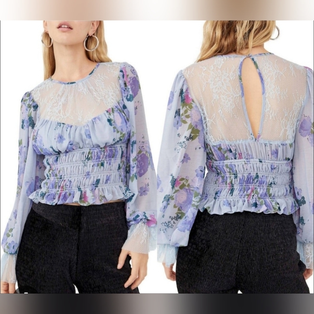 Free People Daphne Floral Sheer Lace Top - Size Large- Cottagecore/Preppy